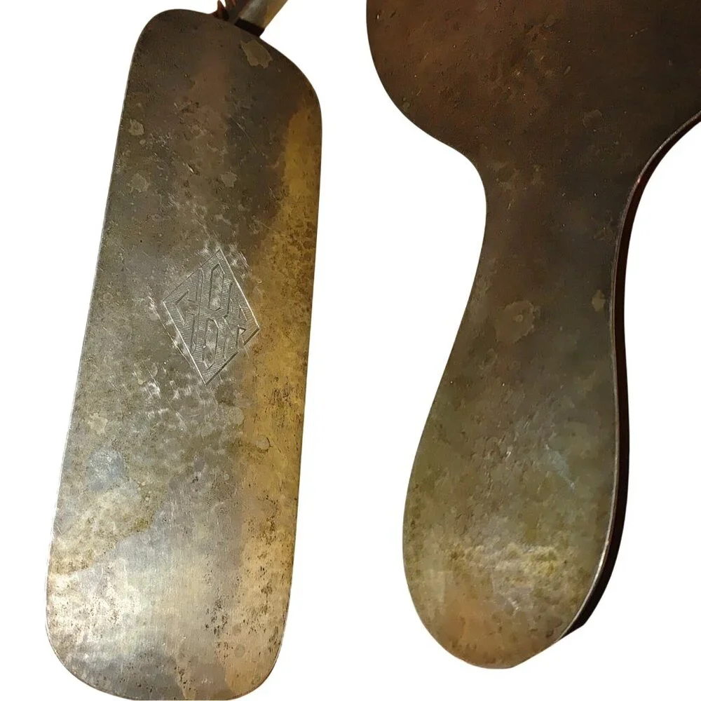 Lebolt 925 Sterling Antique Arts Crafts Hammered Silver Vanity Set Mirror Brush